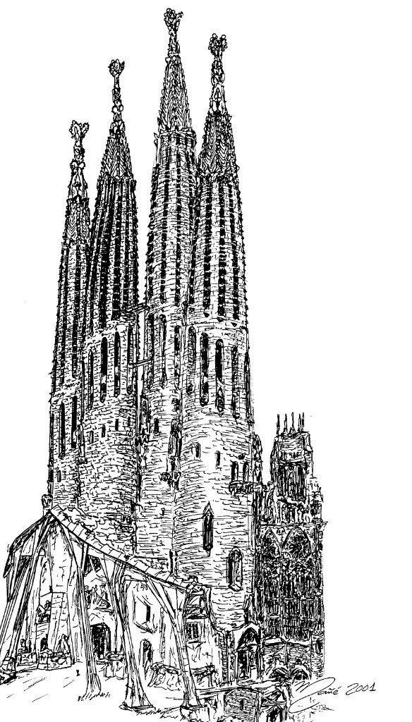 Sagrada Família, designed by Antoni Gaudí. Ink and pencil drawing * All ...
