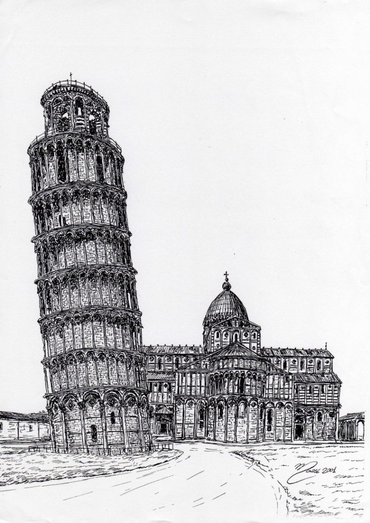 The Leaning Tower of Pisa (Torre di Pisa). Ink & pencil drawings * All