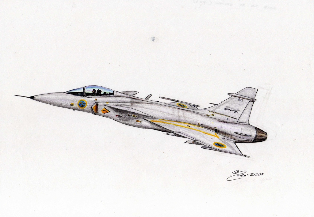 Saab JAS 39 Gripen : avion multirôle de quatrième génération. Dessin au crayon et à l'encre par Joan Mañé