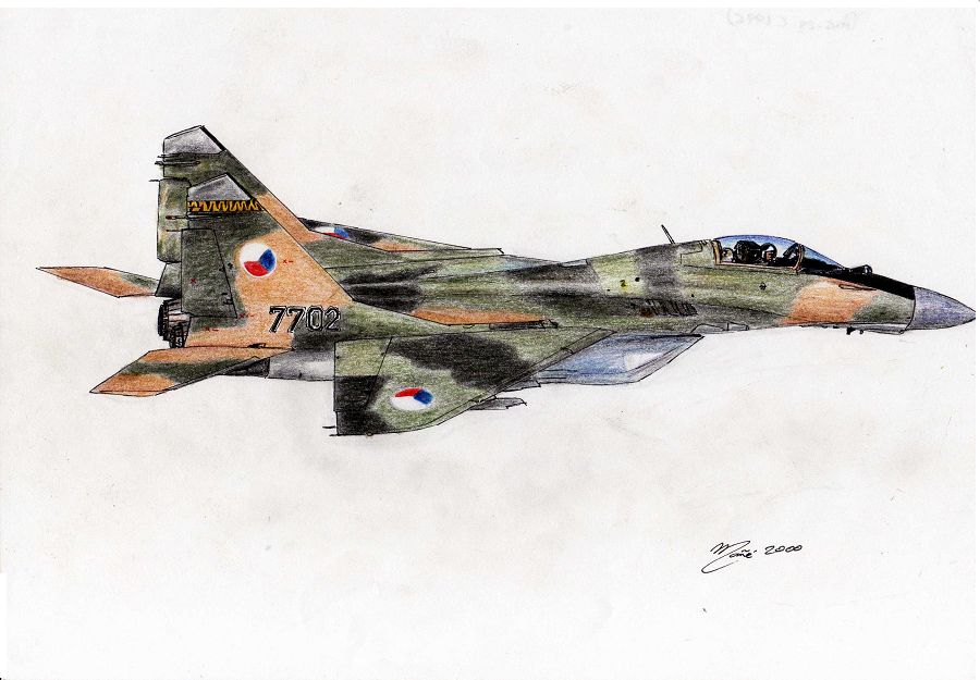MiG-29 dans la force aérienne Tchécoslovaque. Dessin à l'encre et au crayon. Couleur militaire : vert, noir et beige avec drapeau Tchécoslovaque