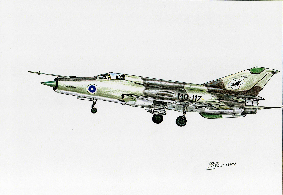 MiG-21 (code OTAN : Fishbed) dans la Force aérienne finlandaise. Dessins à l'encre et au crayon par Joan Mañé. Couleur verte et noire