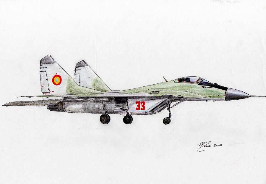 MiG-29 dans les forces aériennes roumaines. Dessin à l’encre et au crayon. Couleur vert clair_verte gris clair_grise. drapeau de la Roumanie