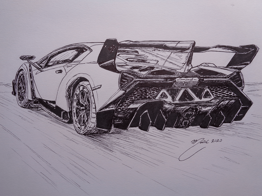 Lamborghini Veneno. Рисунок чернилами Жоана Манье