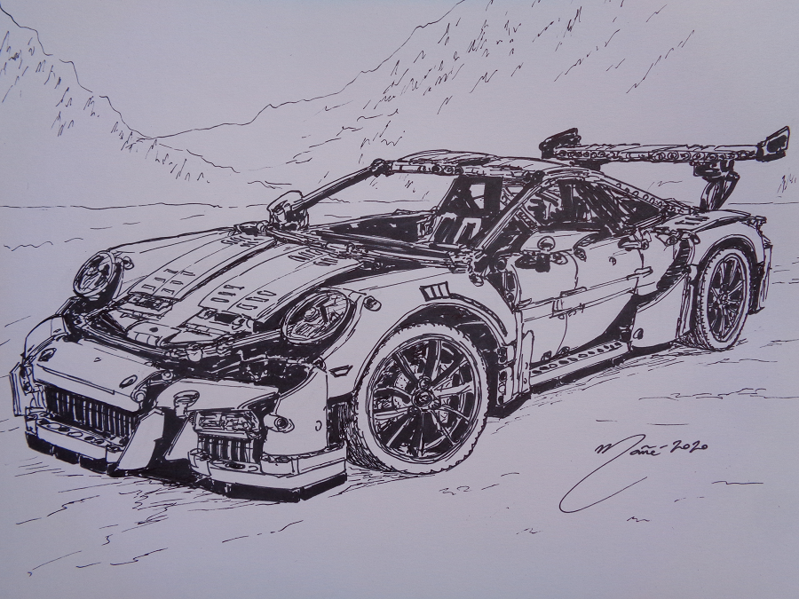 Porsche 911 GT3 RS LEGO Technic. Рисунок чернилами Жоана Манье