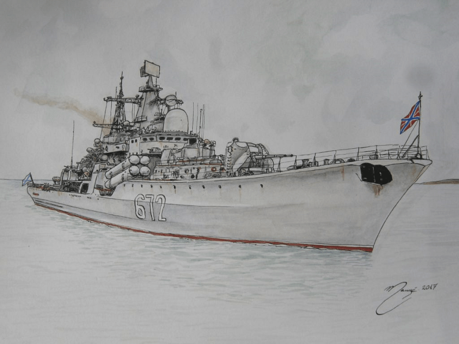 "Fearless" (Sovremenny-class destroyer) - the principal anti-surface warship of the Russian Navy. The Soviet designation for the class was Project 956 Sarych (Buzzard). Watercolor by Joan Mañé