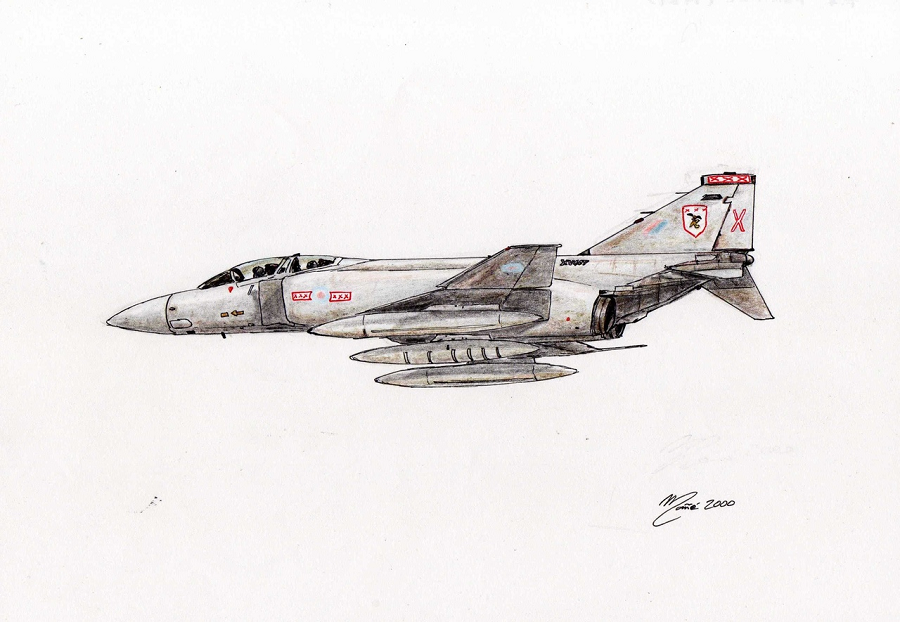 F-4 Phantom FGR Mk 2. UK Royal Air Force (RAF). A tandem two-seat, twin-engine, all-weather, long-range supersonic jet interceptor and fighter-bomber originally developed for the United States Navy by McDonnell Aircraft. First entered service in 1960 with the U.S. Navy. Ink pen drawing and pencil colors by Joan Mañé