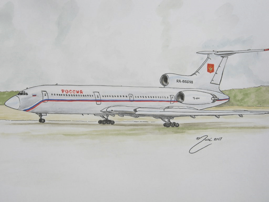 Tu-154. Soviet three-engine passenger medium-range aircraft designed in the mid-1960s and manufactured by Tupolev bureau. Watercolor by Joan Mañé