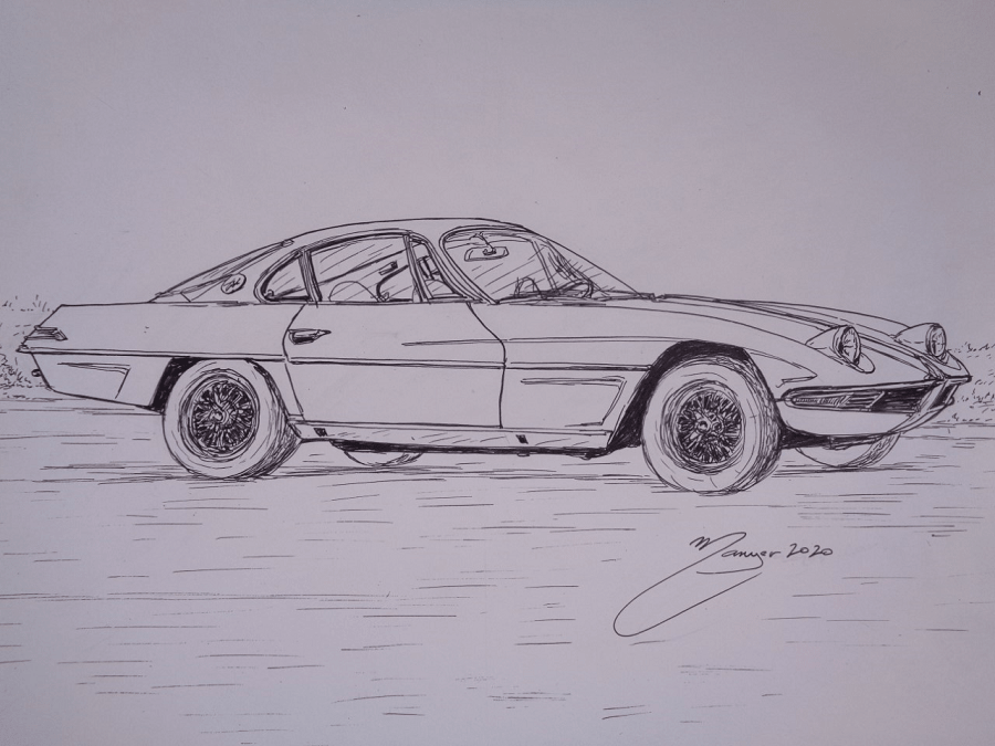 First Lamborghini. 350 GTV from 1963. Marker pen drawing by Joan Mañé * All  PYRENEES · France, Spain, Andorra