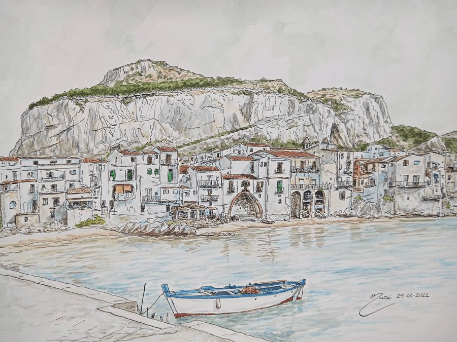 Cefalù (Sicily) on drawing. Watercolor by Joan Mañé_painting_Cefalù is a city and comune located on the Tyrrhenian coast of Sicily (Italy). The town, with its population of just under 14,000, is one of the major tourist attractions in the region. Despite its size, every year it attracts millions of tourists from all parts of Sicily and also, from all over Italy and Europe. Watercolor by Joan Mañé